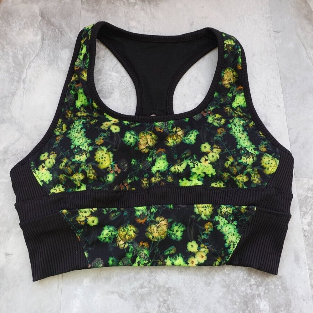 Black Yoga Sports Bra Womens M Green Floral Racerback Padded Athleisure Gym FILA